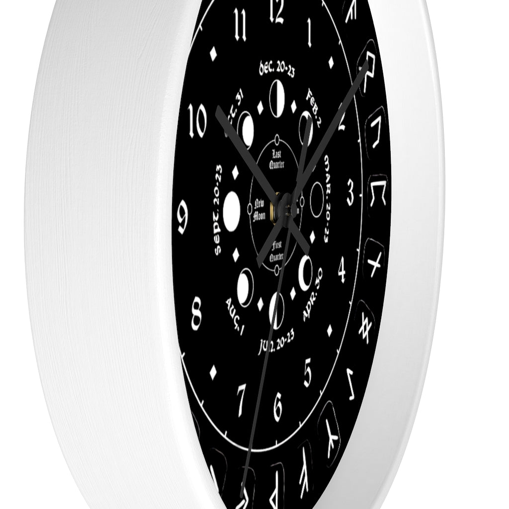 Wall clock - Pagan, Rune and moon cycle clock. witchcraft. Black version.