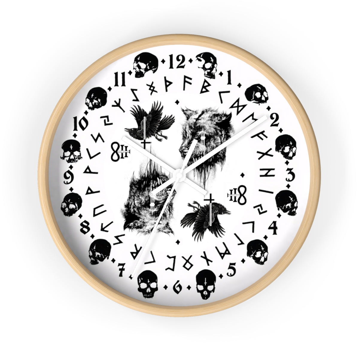 Fenrir son of Loki. Odin's ravens Munin and Hugin -  Wall clock - Pagan, Rune and skull clock. Witchcraft and Viking style. White version.