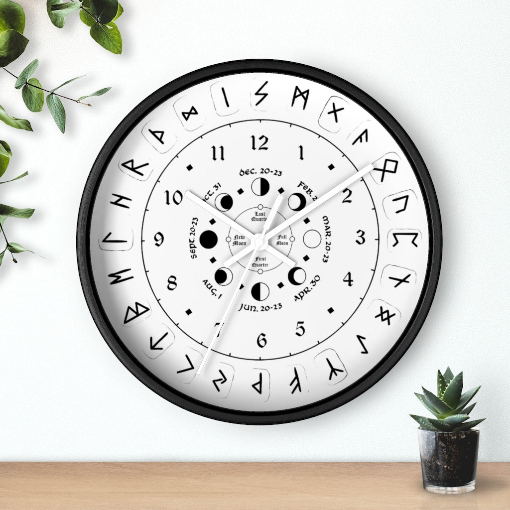 Wall clock - Pagan, Rune and moon cycle clock. witchcraft. White version.