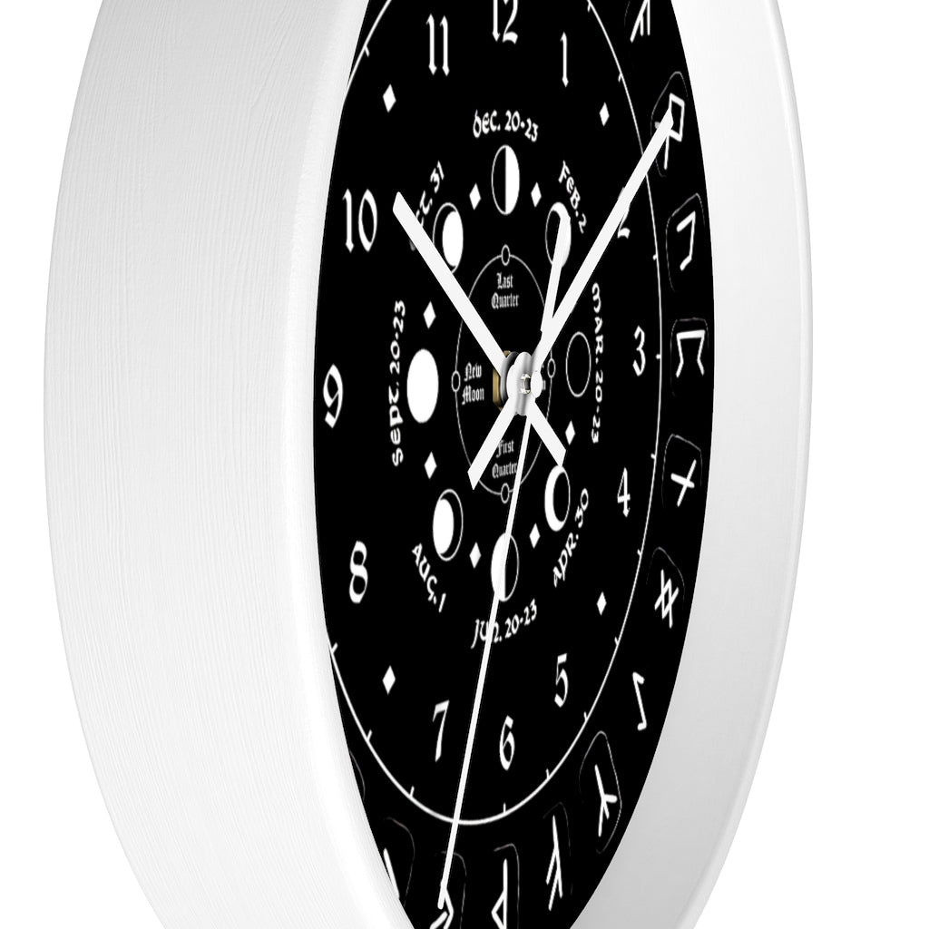 Wall clock - Pagan, Rune and moon cycle clock. witchcraft. Black version.