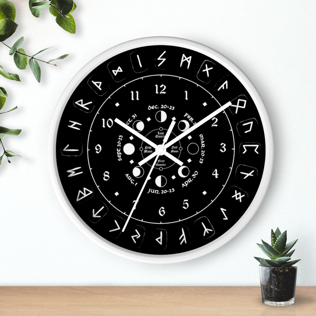 Wall clock - Pagan, Rune and moon cycle clock. witchcraft. Black version.