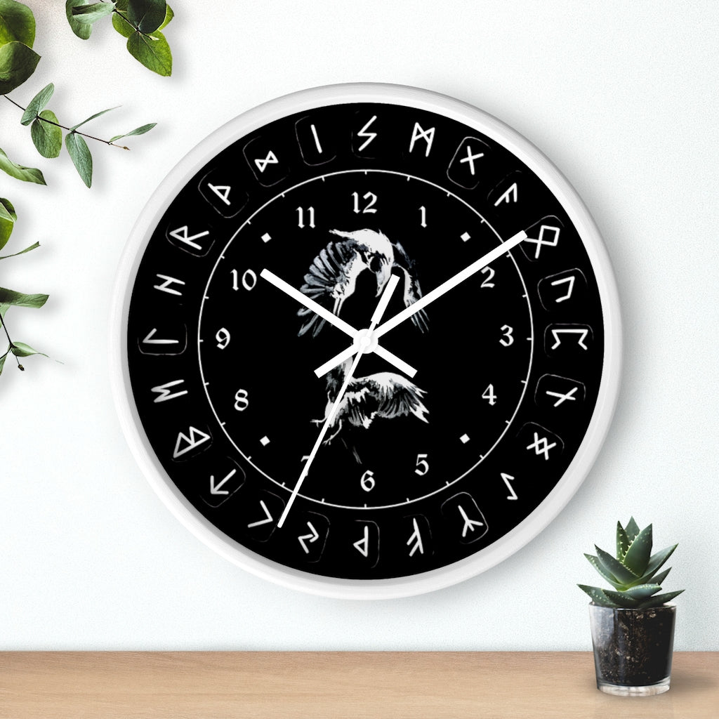 Wall clock - Ravens Play - Runes. Norse Viking clock. Black version