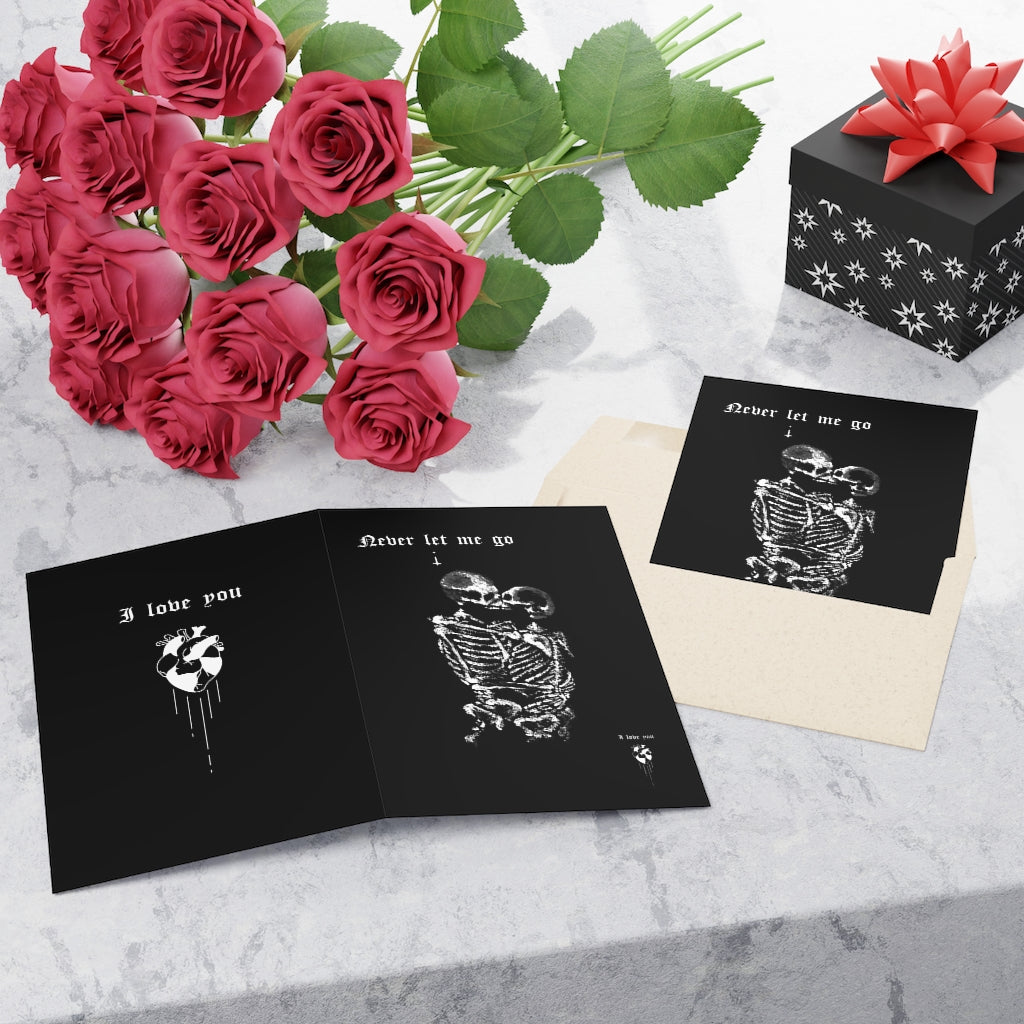 Never let me go. Greeting Cards (1 or 10-pcs). Black version. I love you. Anniversary, Christmas, Birthday card