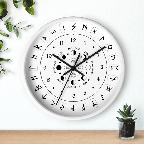 Wall clock - Pagan, Rune and moon cycle clock. witchcraft. White version.