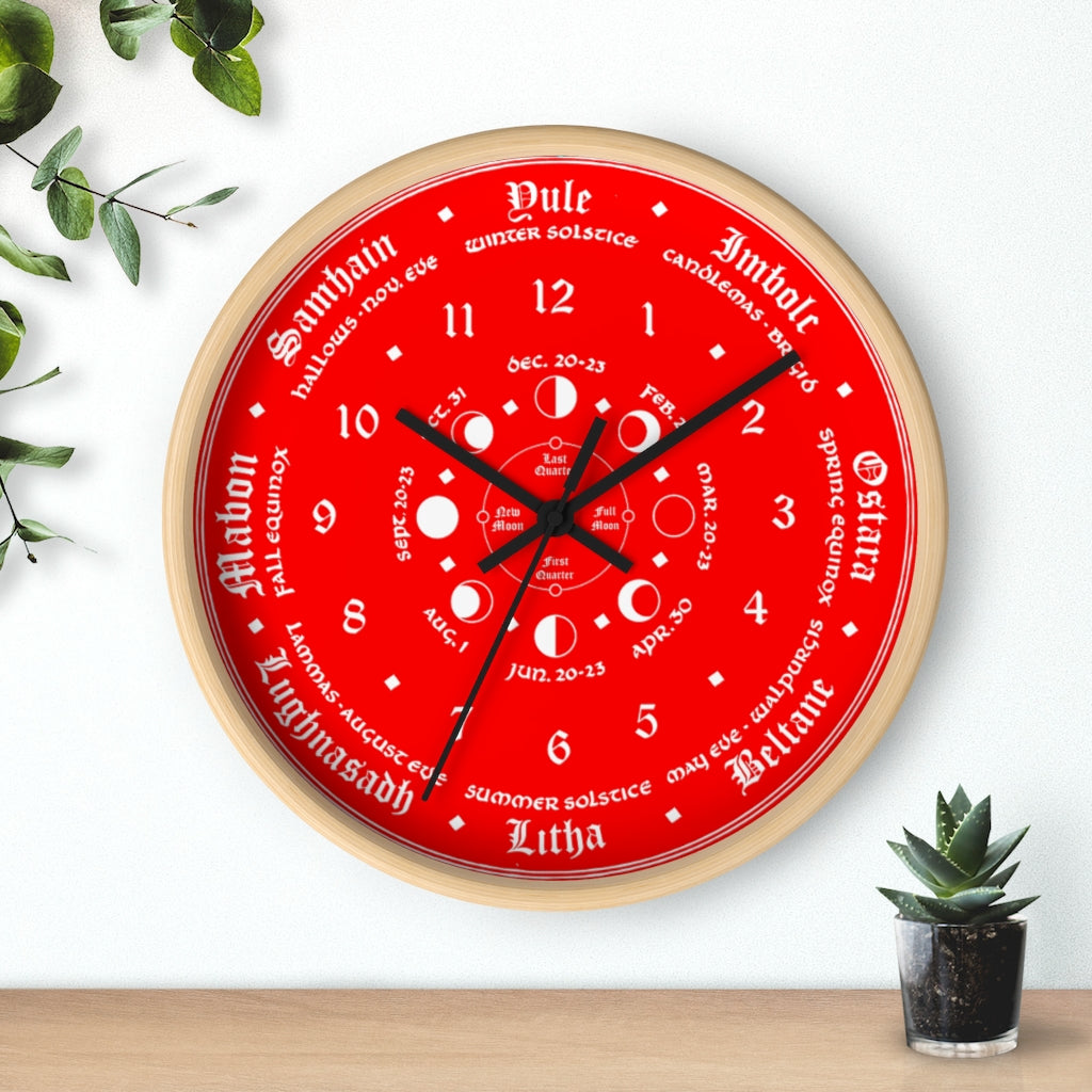 Wall clock -  Wicca Pagan Celtic Triquetra. Ravens blood red.