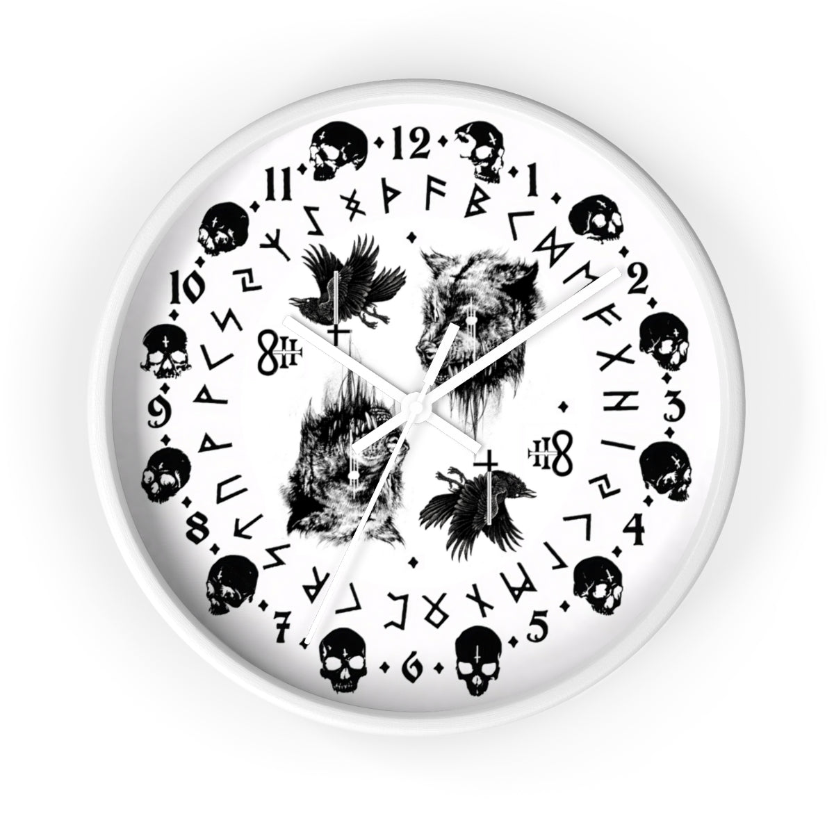 Fenrir son of Loki. Odin's ravens Munin and Hugin -  Wall clock - Pagan, Rune and skull clock. Witchcraft and Viking style. White version.