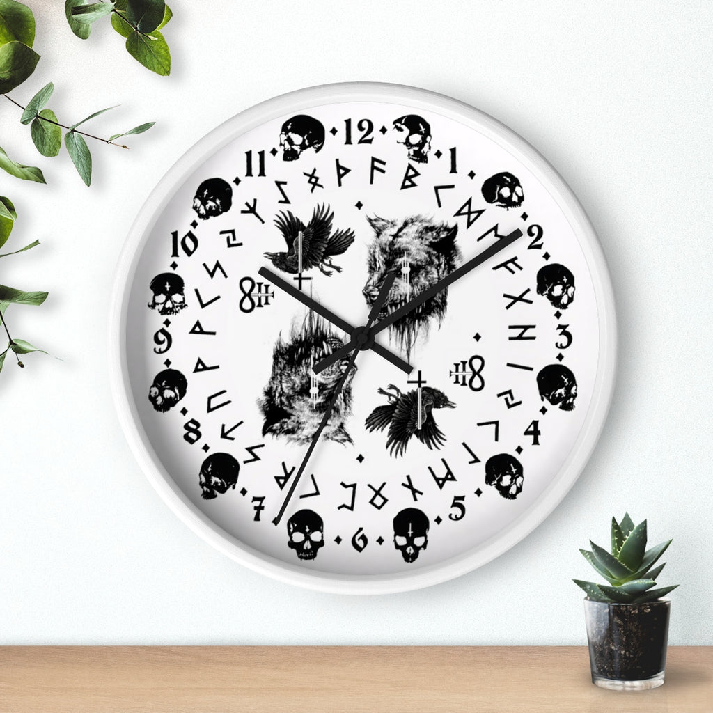 Fenrir son of Loki. Odin's ravens Munin and Hugin -  Wall clock - Pagan, Rune and skull clock. Witchcraft and Viking style. White version.