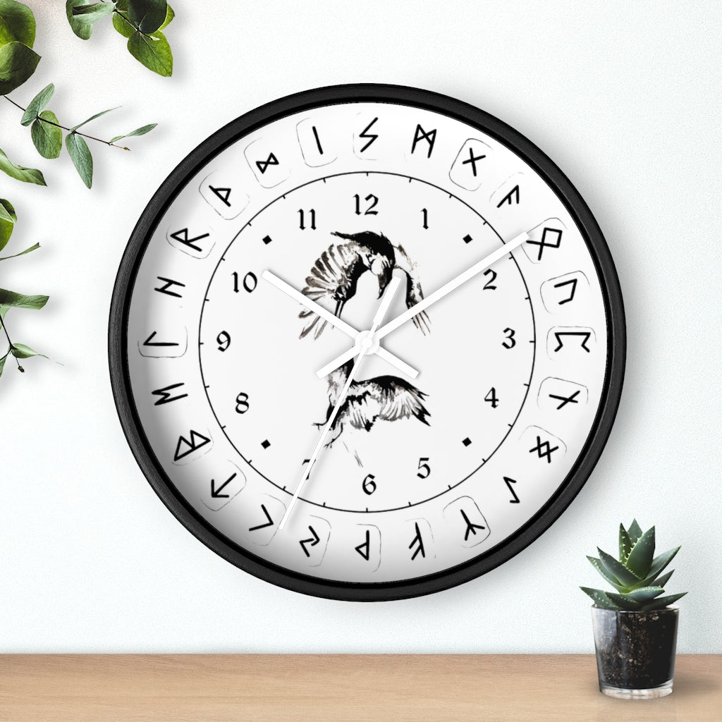 Wall clock - Ravens Play - Runes. Norse Viking clock