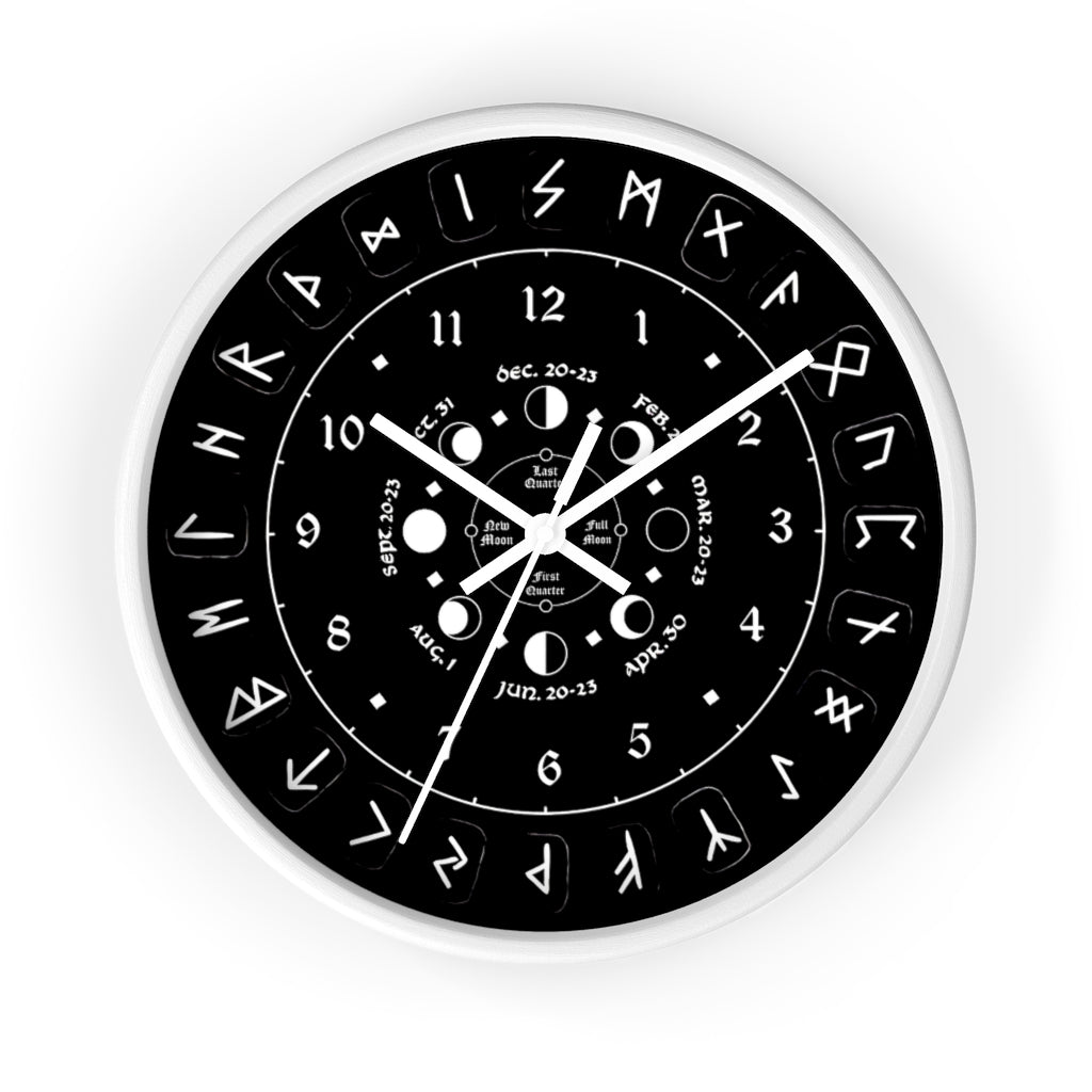 Wall clock - Pagan, Rune and moon cycle clock. witchcraft. Black version.