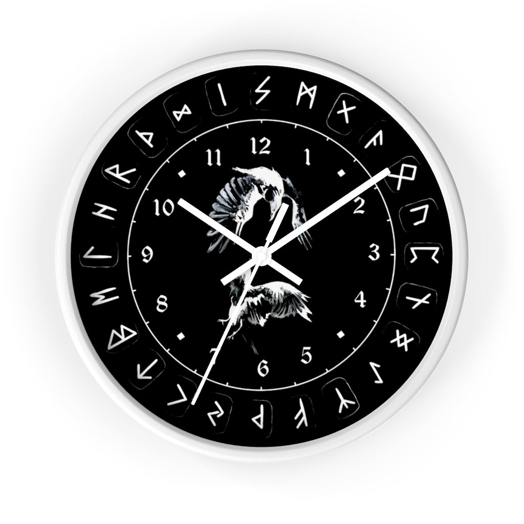 Wall clock - Ravens Play - Runes. Norse Viking clock. Black version