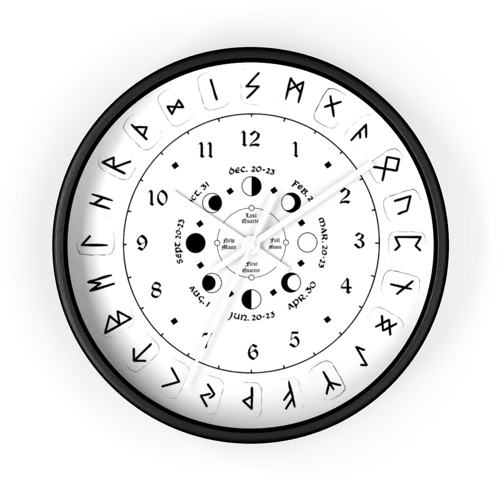 Wall clock - Pagan, Rune and moon cycle clock. witchcraft. White version.