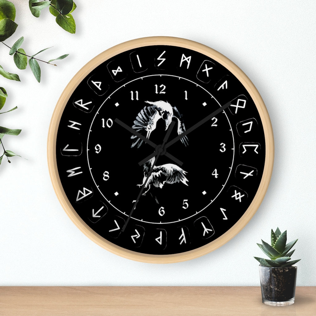 Wall clock - Ravens Play - Runes. Norse Viking clock. Black version