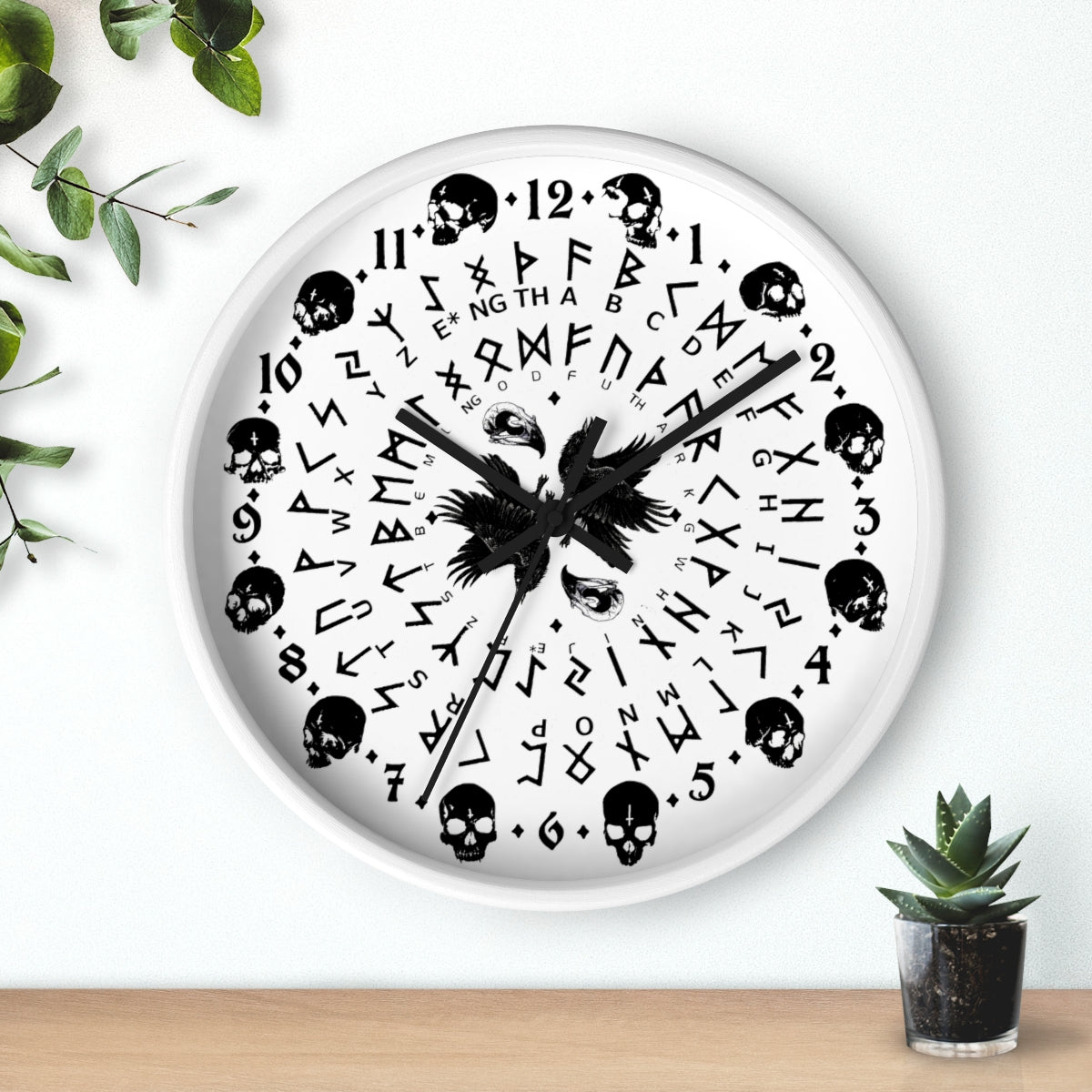 Huginn and Muninn. Odin Wall clock - Pagan, Rune and moon cycle clock. witchcraft. Black version.