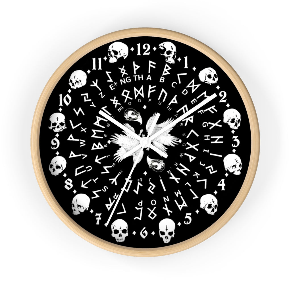 Huginn and Muninn. Odin Wall clock - Pagan, Rune and skull clock. Witchcraft and Viking style. Black version.