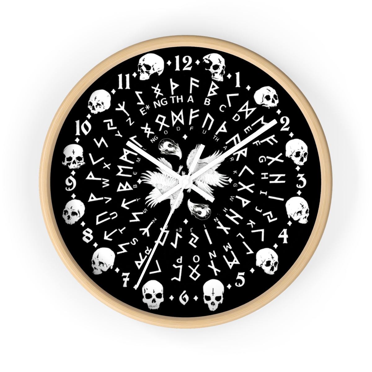 Huginn and Muninn. Odin Wall clock - Pagan, Rune and skull clock. Witchcraft and Viking style. Black version.