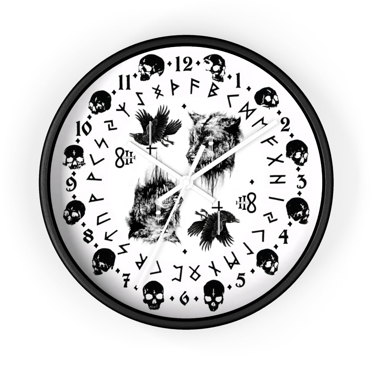 Fenrir son of Loki. Odin's ravens Munin and Hugin -  Wall clock - Pagan, Rune and skull clock. Witchcraft and Viking style. White version.