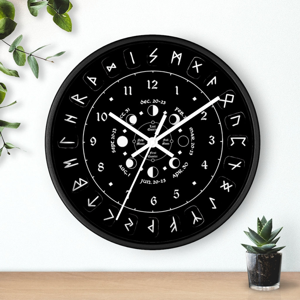 Wall clock - Pagan, Rune and moon cycle clock. witchcraft. Black version.