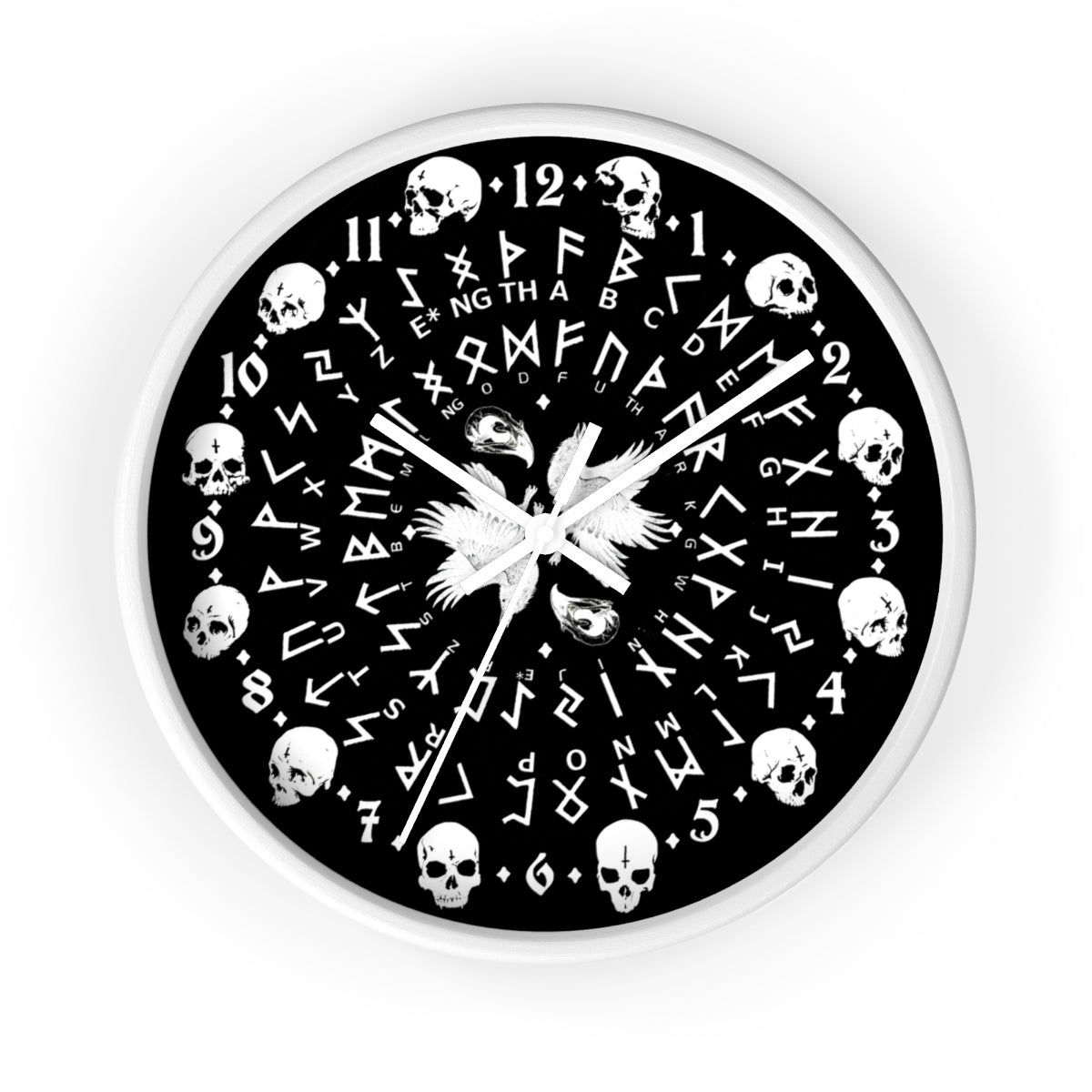 Huginn and Muninn. Odin Wall clock - Pagan, Rune and skull clock. Witchcraft and Viking style. Black version.