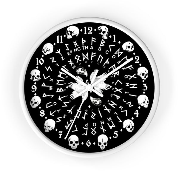 Huginn and Muninn. Odin Wall clock - Pagan, Rune and skull clock. Witchcraft and Viking style. Black version.