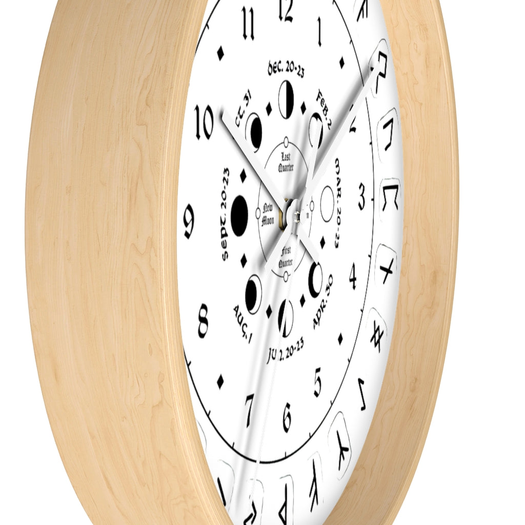 Wall clock - Pagan, Rune and moon cycle clock. witchcraft. White version.