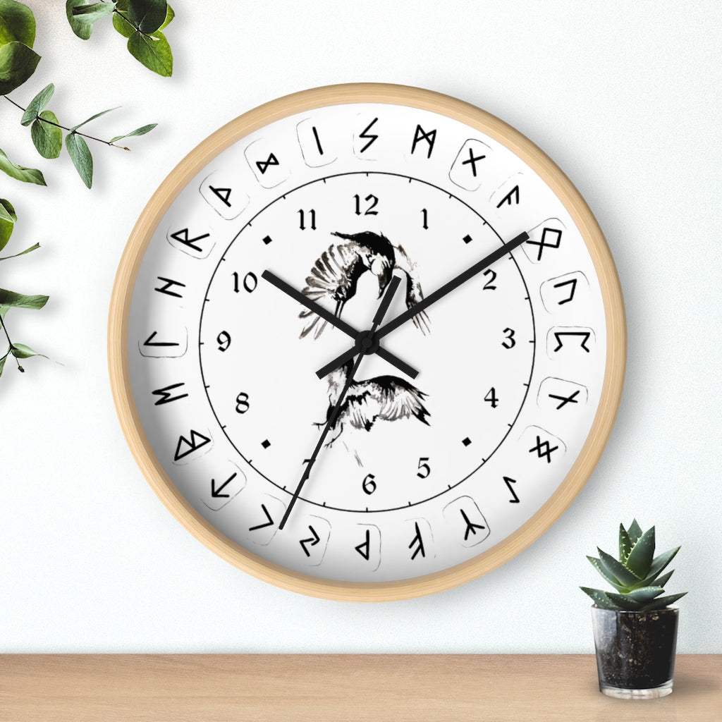 Wall clock - Ravens Play - Runes. Norse Viking clock