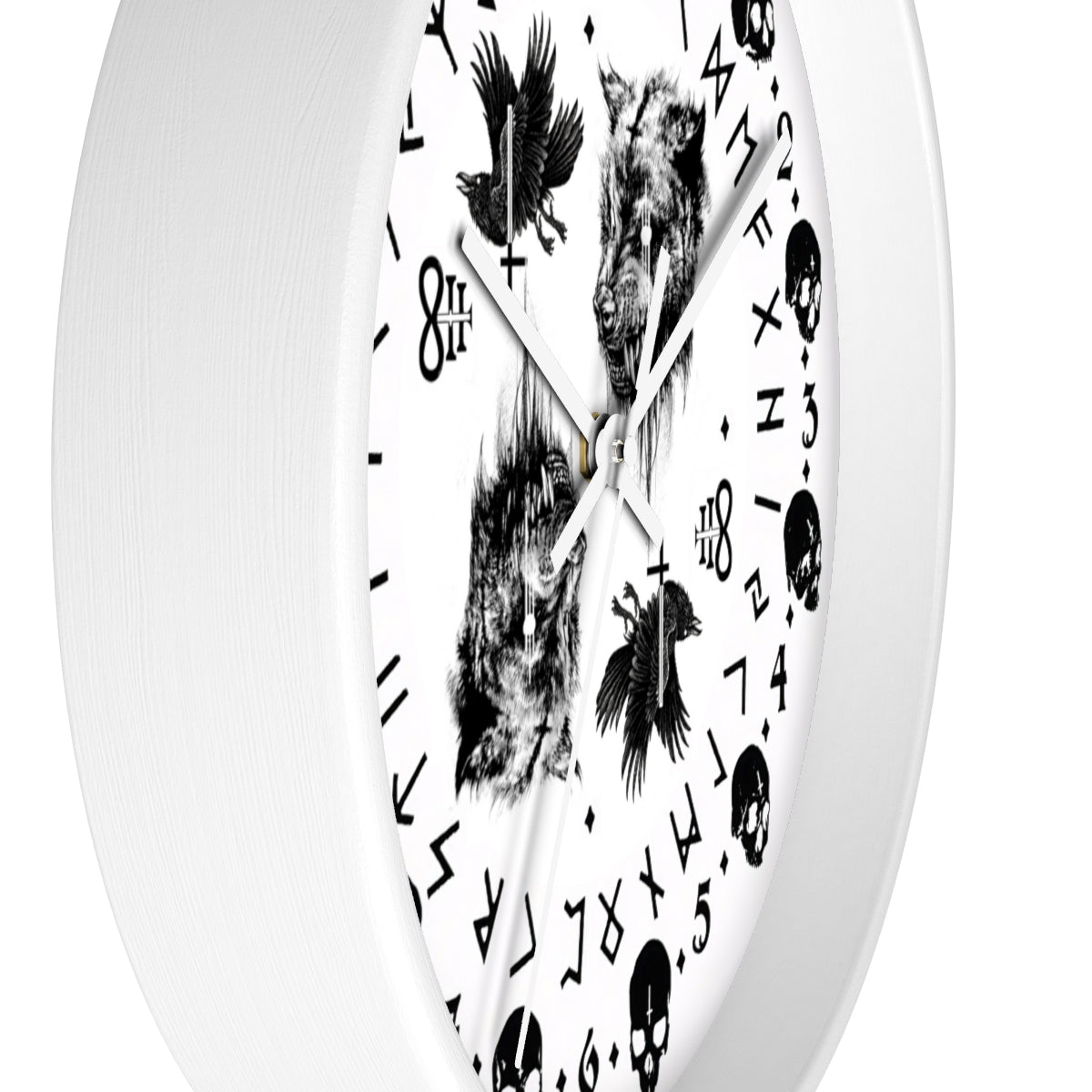 Fenrir son of Loki. Odin's ravens Munin and Hugin -  Wall clock - Pagan, Rune and skull clock. Witchcraft and Viking style. White version.