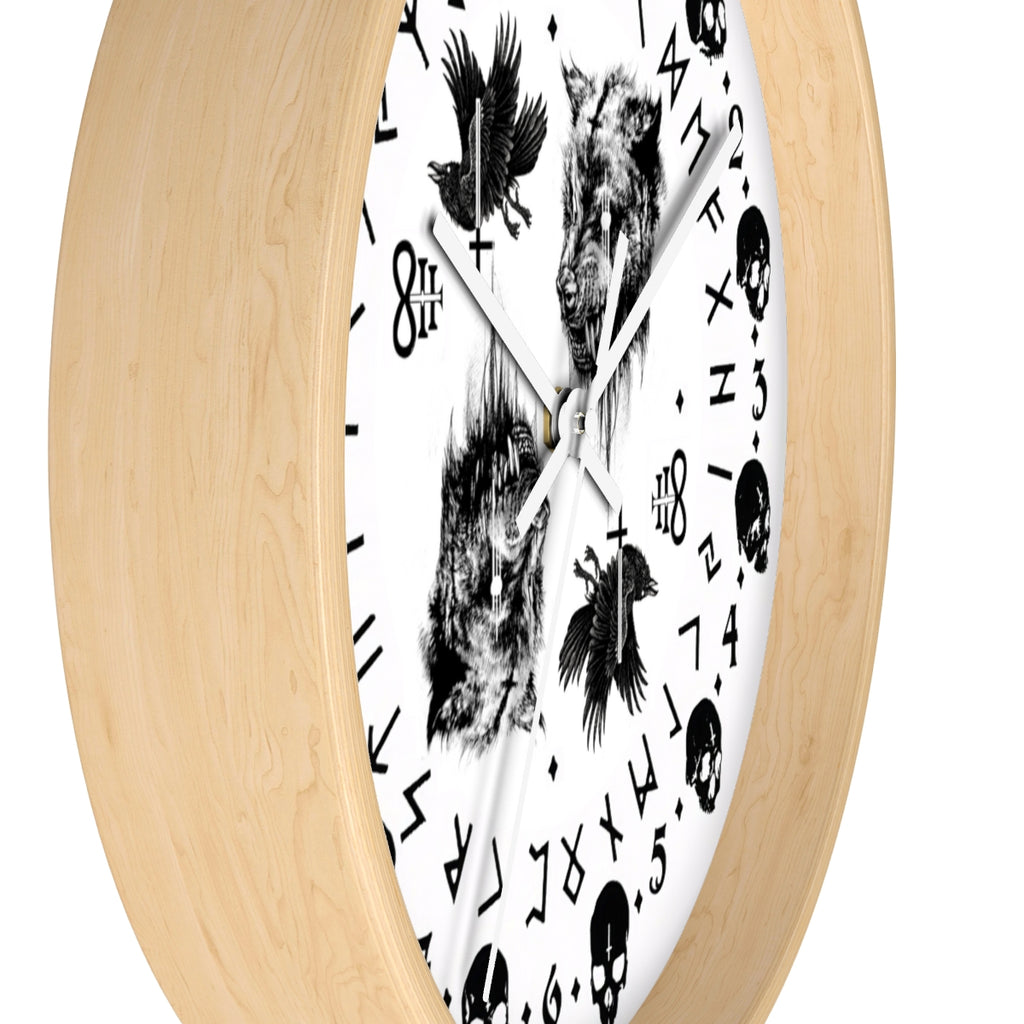 Fenrir son of Loki. Odin's ravens Munin and Hugin -  Wall clock - Pagan, Rune and skull clock. Witchcraft and Viking style. White version.