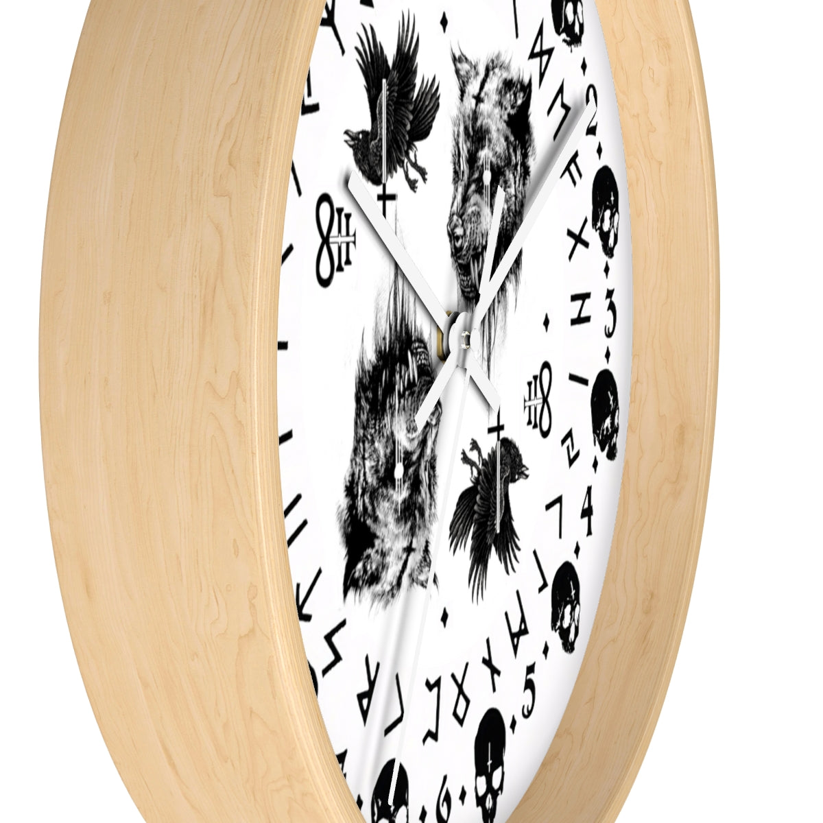 Fenrir son of Loki. Odin's ravens Munin and Hugin -  Wall clock - Pagan, Rune and skull clock. Witchcraft and Viking style. White version.