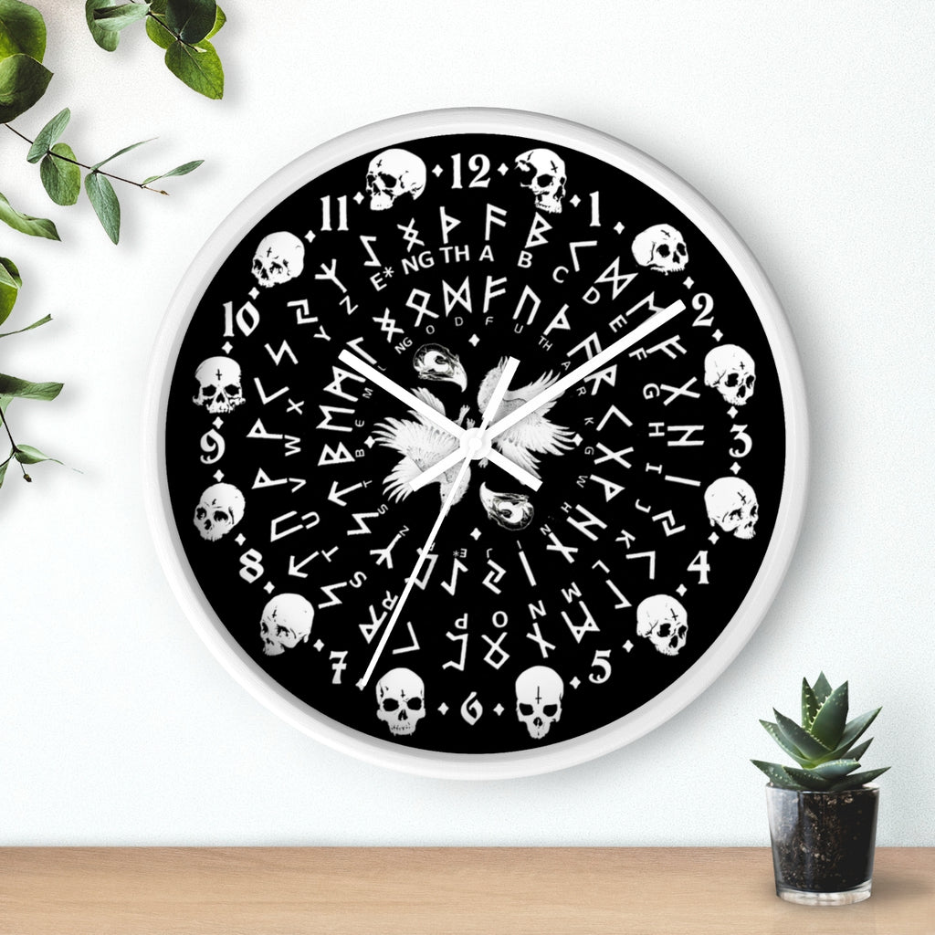 Huginn and Muninn. Odin Wall clock - Pagan, Rune and skull clock. Witchcraft and Viking style. Black version.