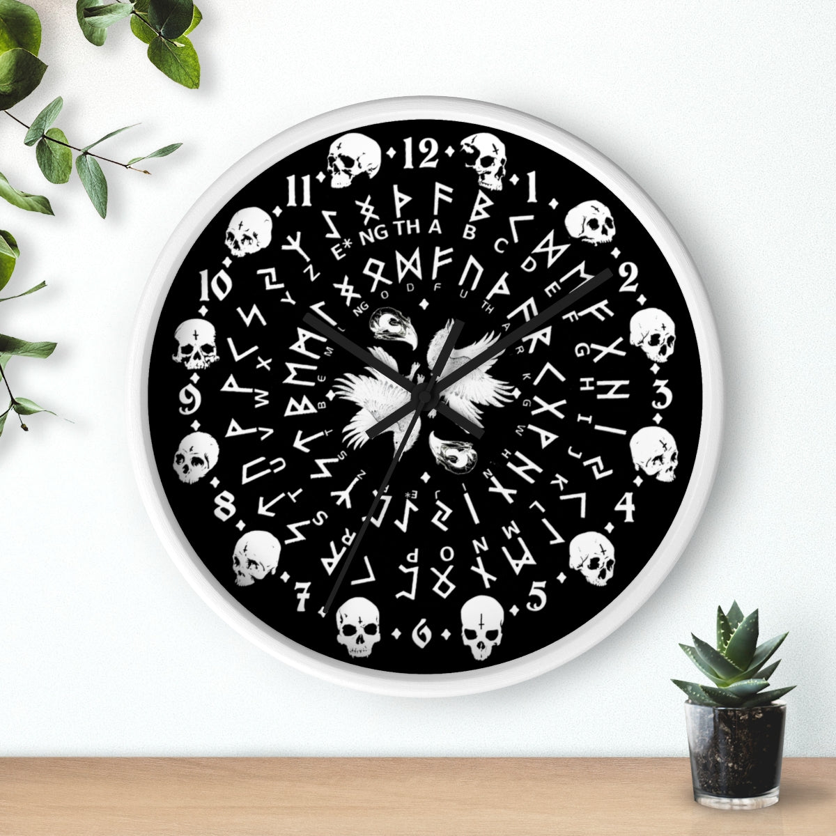 Huginn and Muninn. Odin Wall clock - Pagan, Rune and skull clock. Witchcraft and Viking style. Black version.