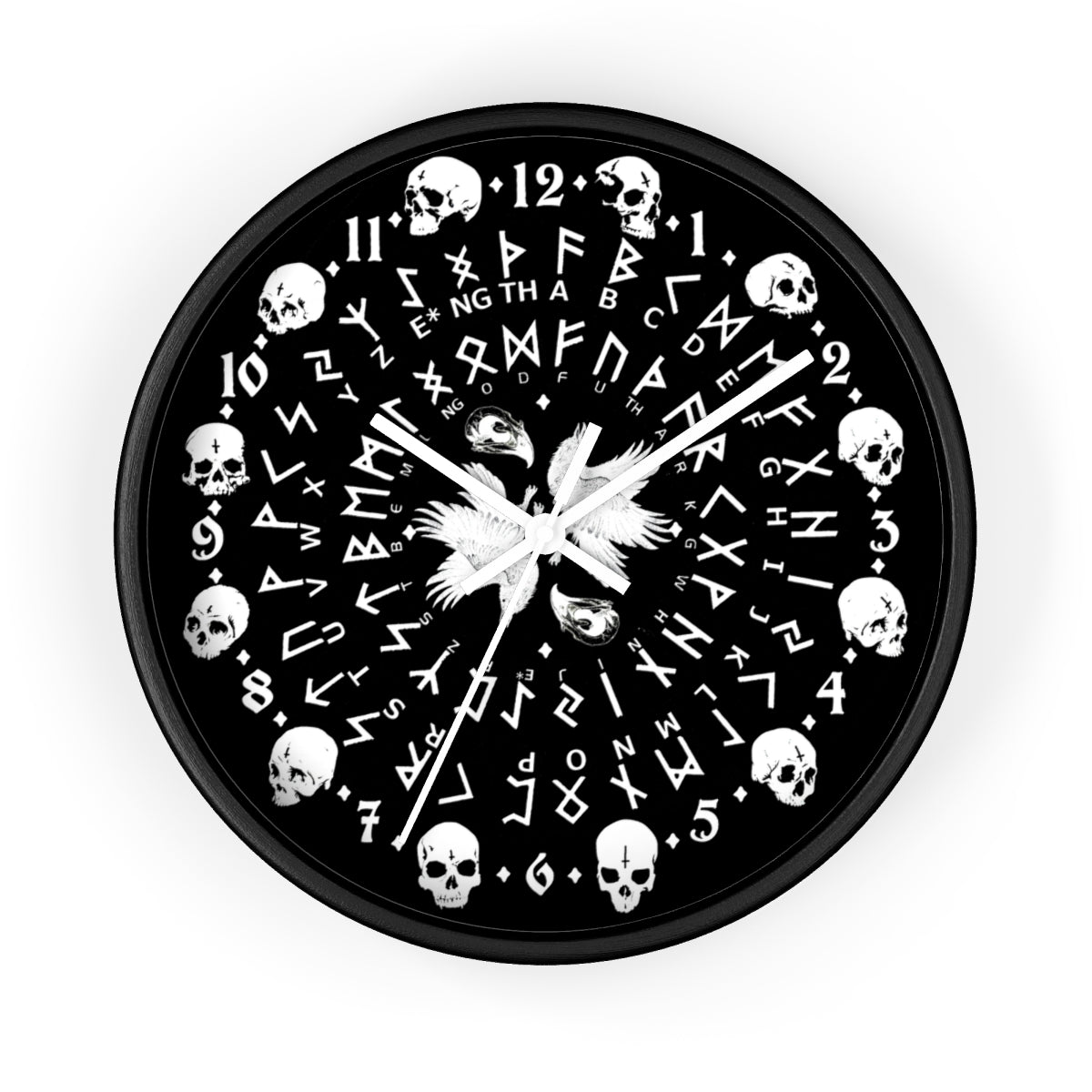 Huginn and Muninn. Odin Wall clock - Pagan, Rune and skull clock. Witchcraft and Viking style. Black version.