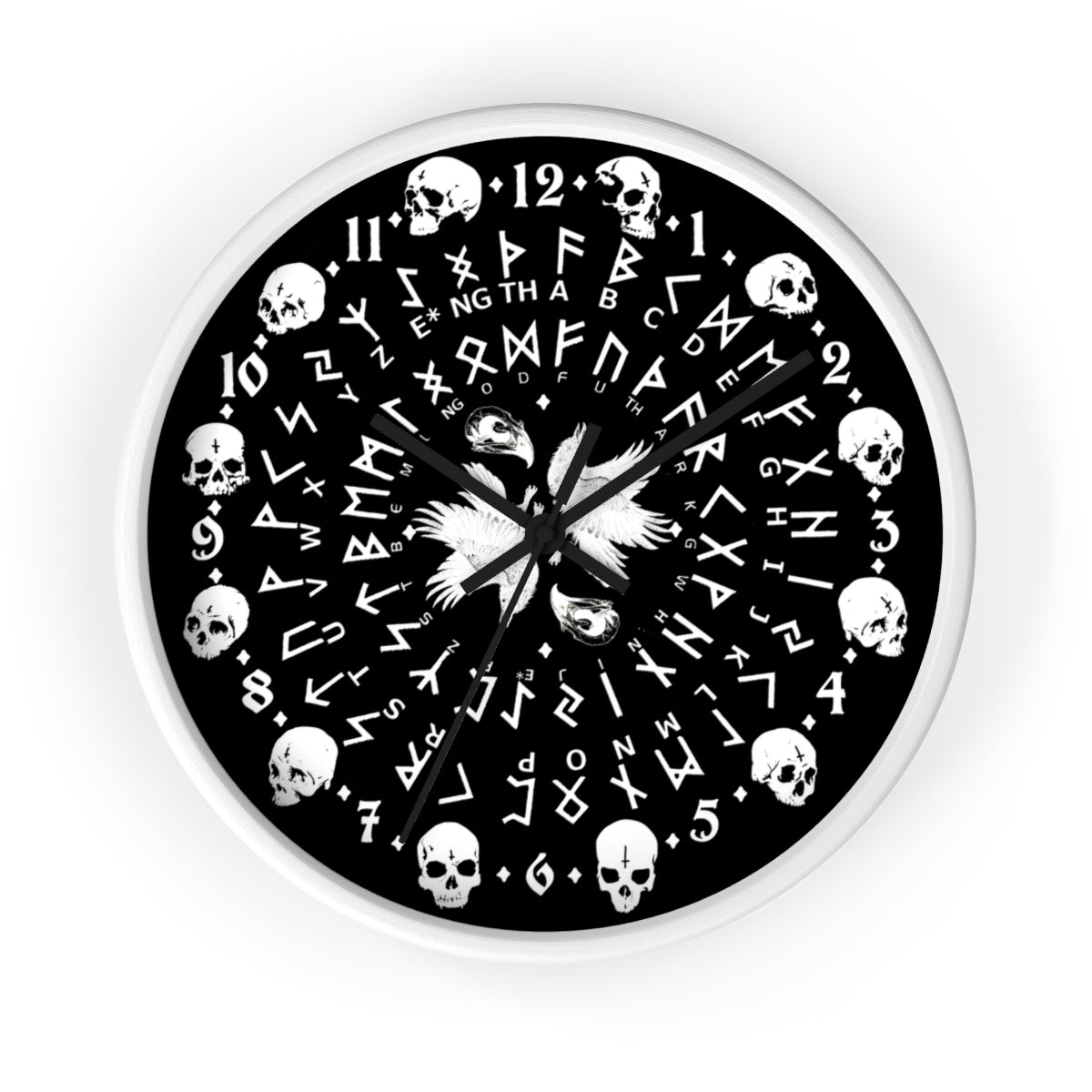 Huginn and Muninn. Odin Wall clock - Pagan, Rune and skull clock. Witchcraft and Viking style. Black version.