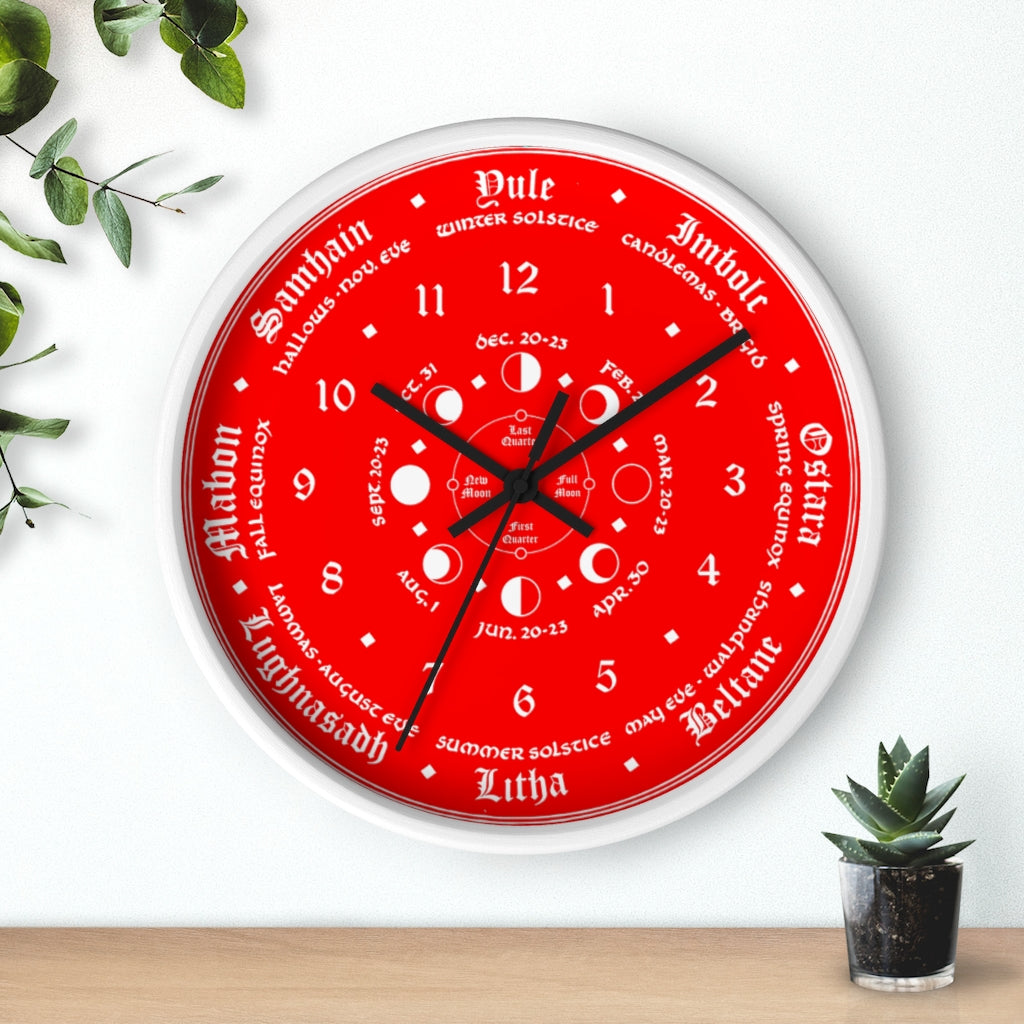 Wall clock -  Wicca Pagan Celtic Triquetra. Ravens blood red.