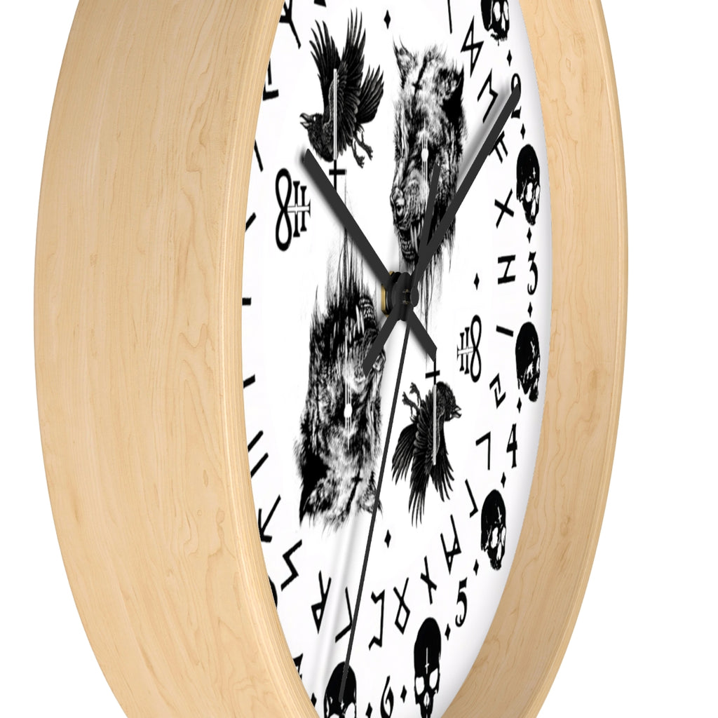 Fenrir son of Loki. Odin's ravens Munin and Hugin -  Wall clock - Pagan, Rune and skull clock. Witchcraft and Viking style. White version.