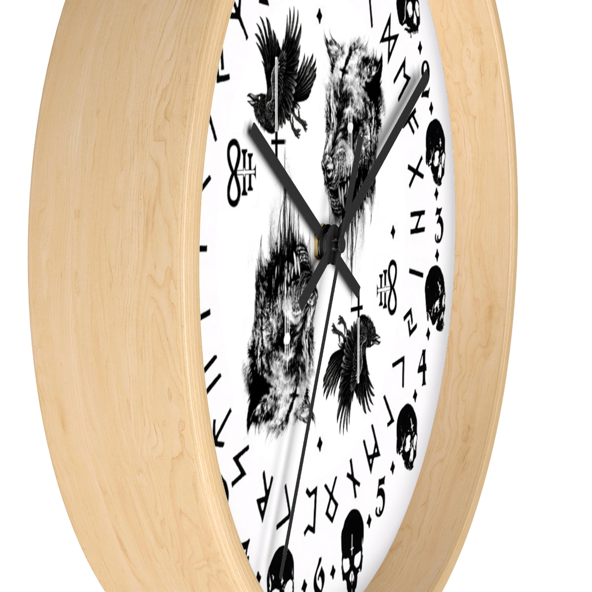 Fenrir son of Loki. Odin's ravens Munin and Hugin -  Wall clock - Pagan, Rune and skull clock. Witchcraft and Viking style. White version.