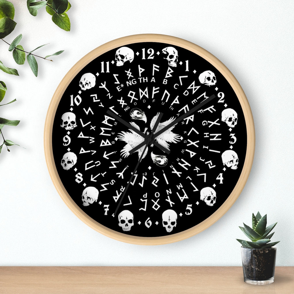 Huginn and Muninn. Odin Wall clock - Pagan, Rune and skull clock. Witchcraft and Viking style. Black version.