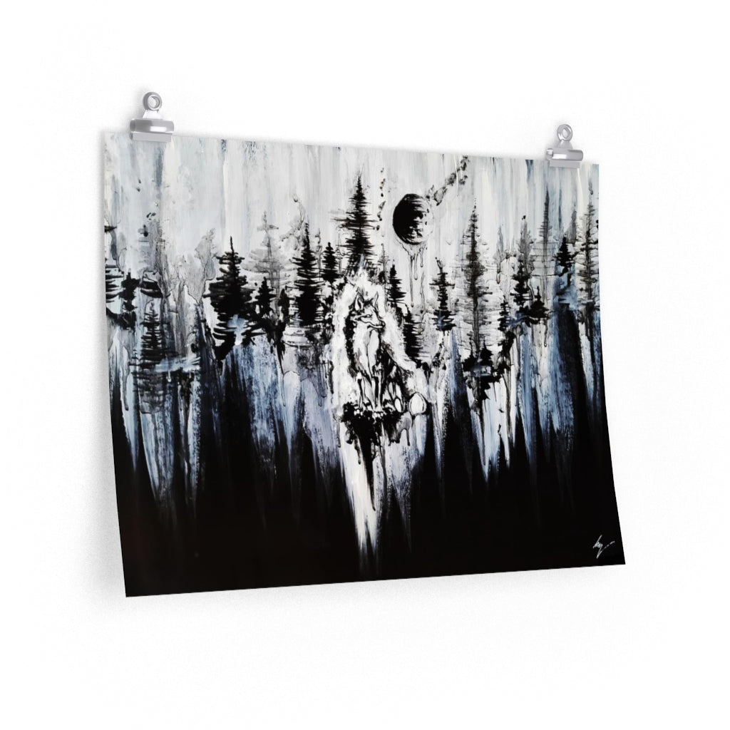 Fox in the moonlights darkness - Premium Matte horizontal posters. Wall art, gothic home décor, Fox and forest art.