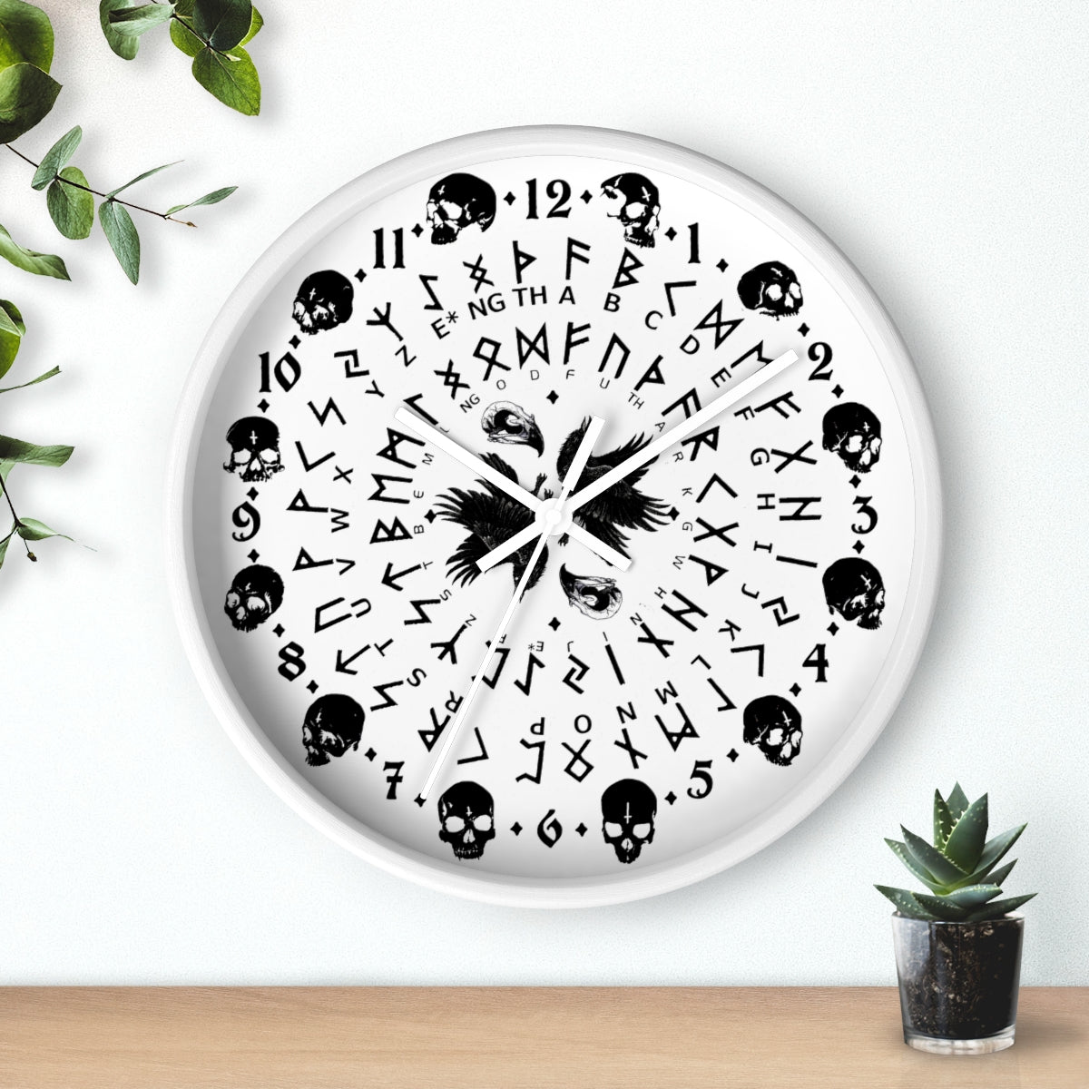 Huginn and Muninn. Odin Wall clock - Pagan, Rune and moon cycle clock. witchcraft. Black version.