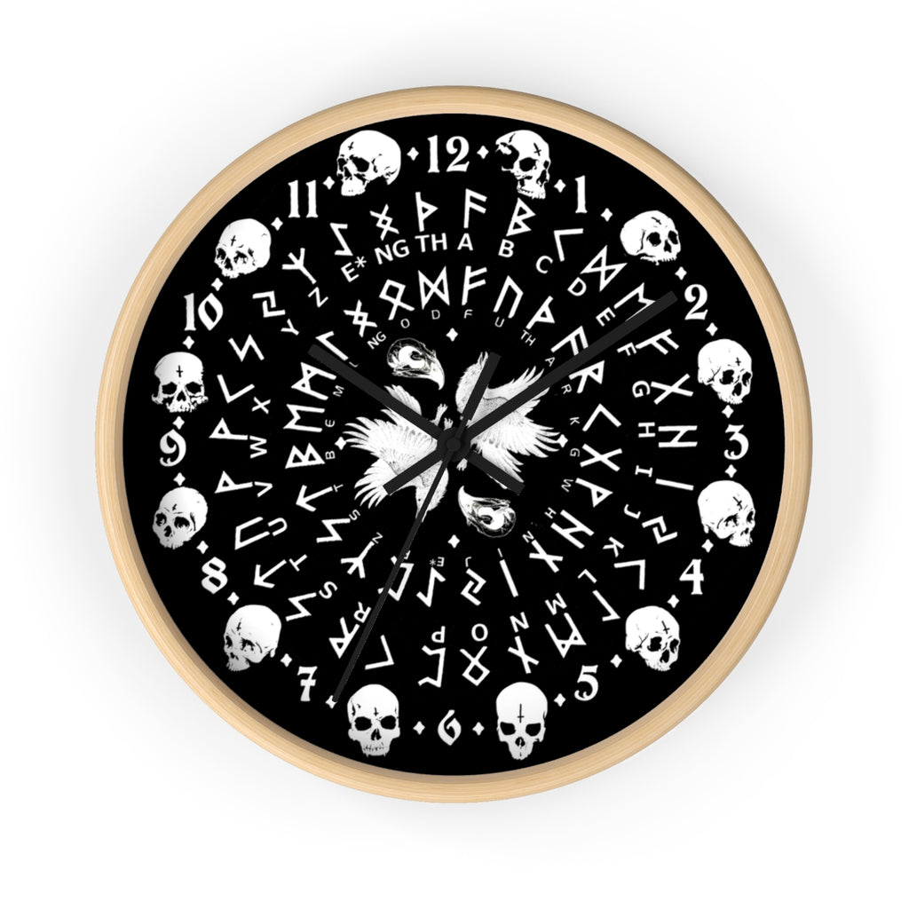 Huginn and Muninn. Odin Wall clock - Pagan, Rune and skull clock. Witchcraft and Viking style. Black version.