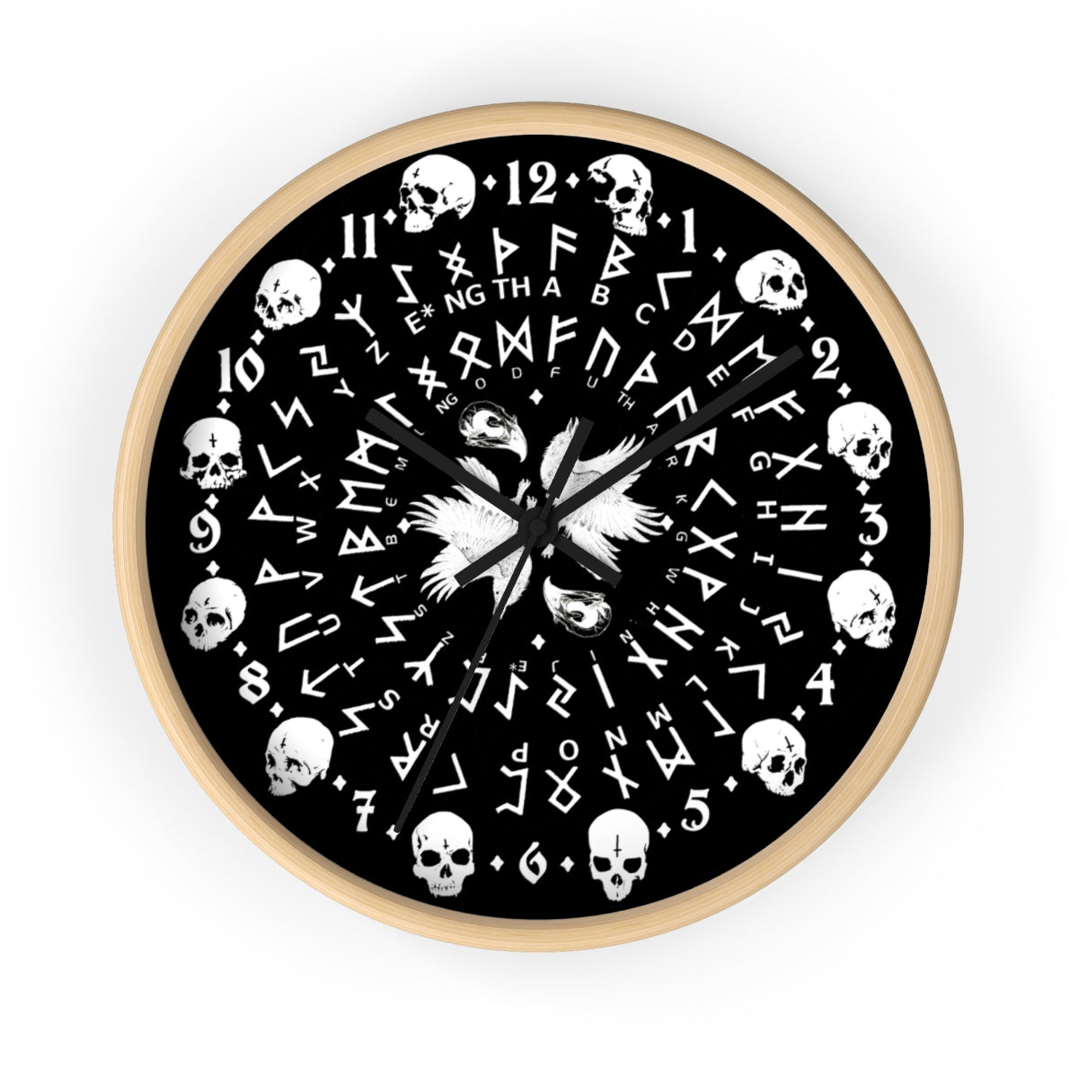 Huginn and Muninn. Odin Wall clock - Pagan, Rune and skull clock. Witchcraft and Viking style. Black version.