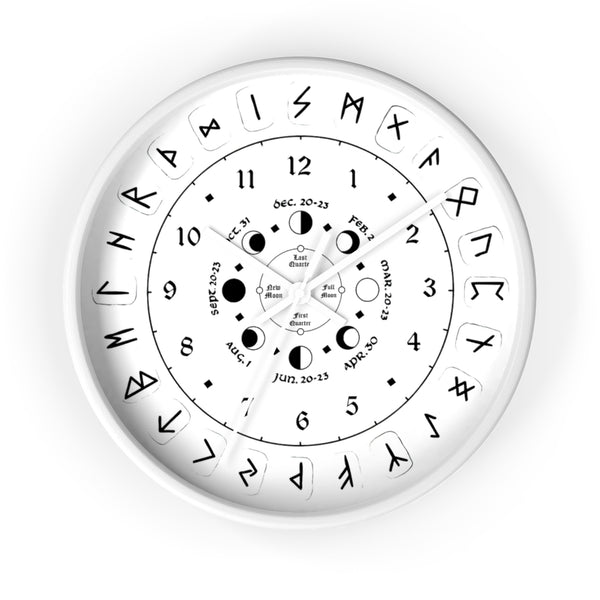Wall clock - Pagan, Rune and moon cycle clock. witchcraft. White version.