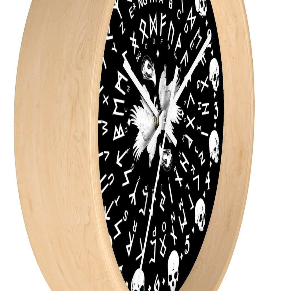 Huginn and Muninn. Odin Wall clock - Pagan, Rune and skull clock. Witchcraft and Viking style. Black version.