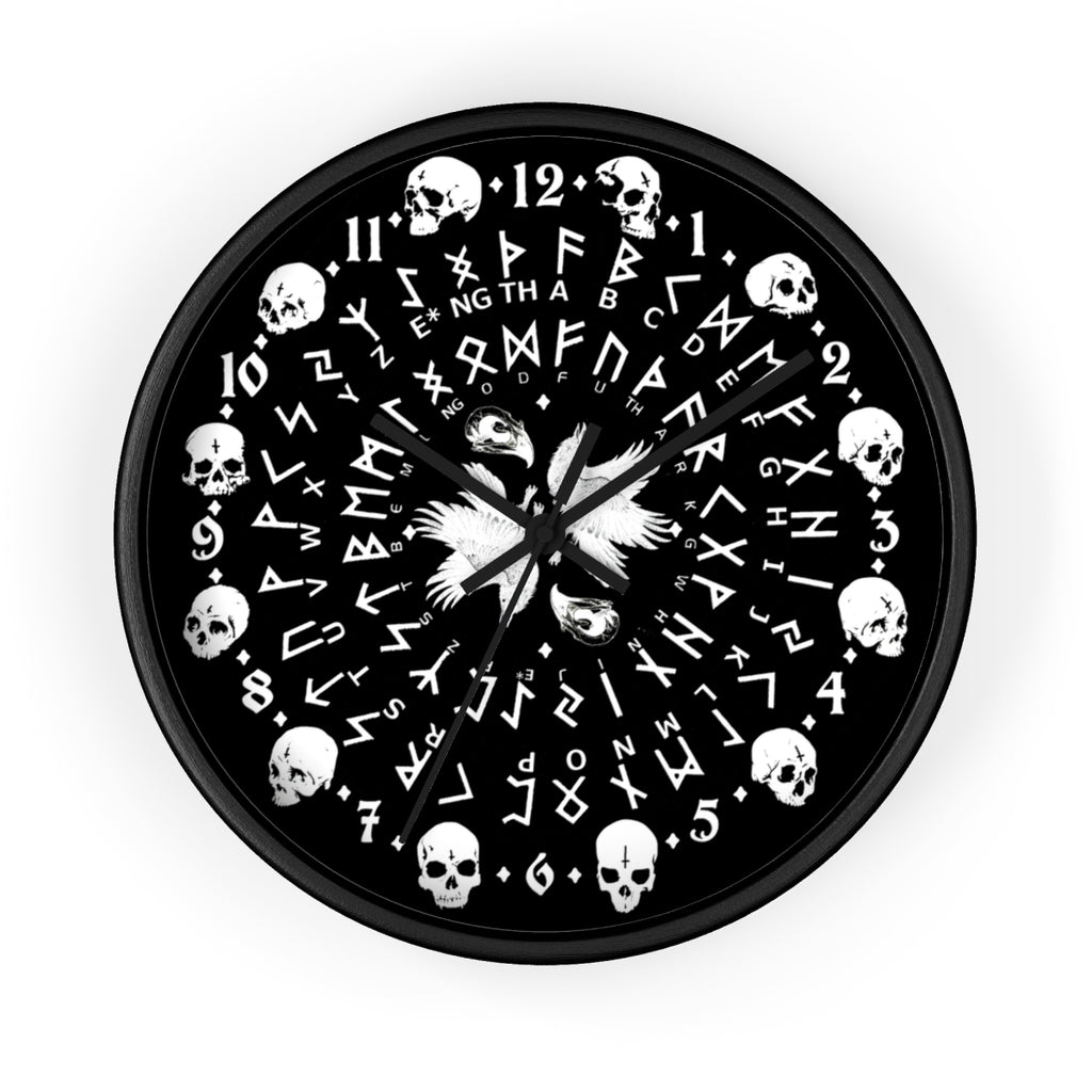Huginn and Muninn. Odin Wall clock - Pagan, Rune and skull clock. Witchcraft and Viking style. Black version.