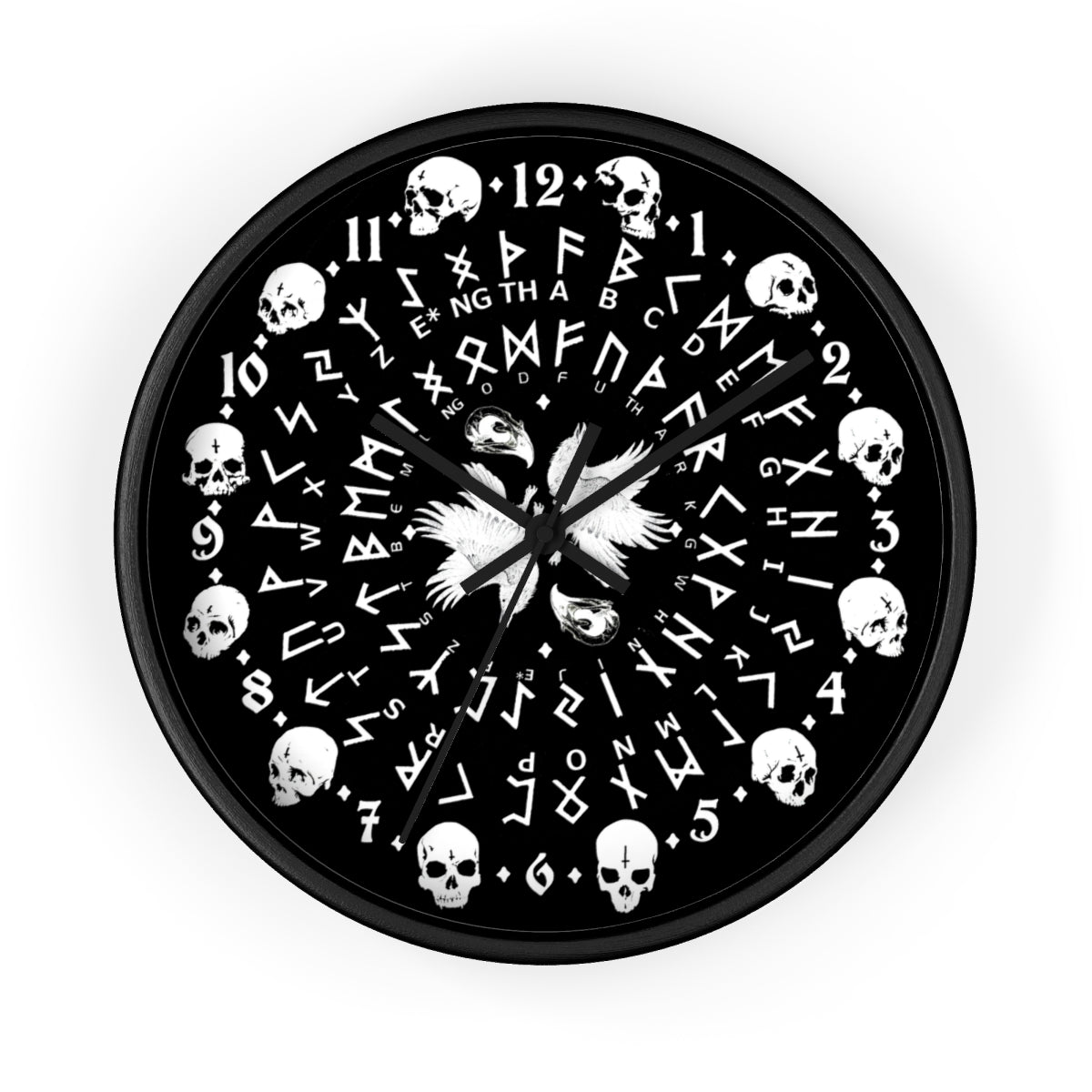 Huginn and Muninn. Odin Wall clock - Pagan, Rune and skull clock. Witchcraft and Viking style. Black version.
