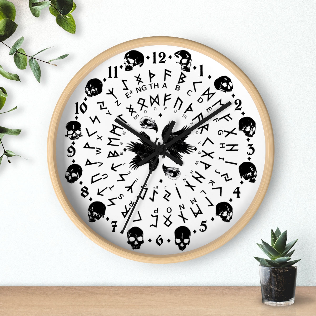 Huginn and Muninn. Odin Wall clock - Pagan, Rune and moon cycle clock. witchcraft. Black version.