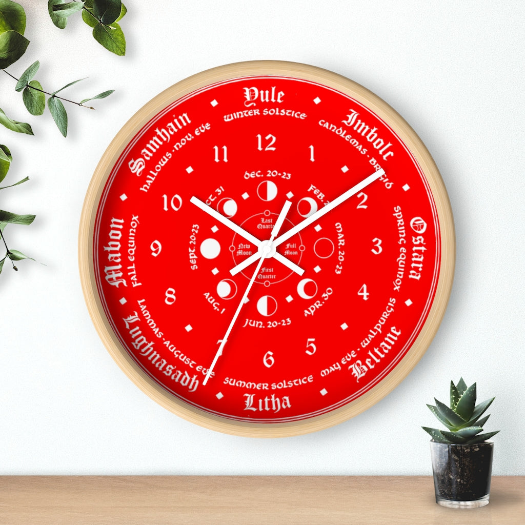 Wall clock -  Wicca Pagan Celtic Triquetra. Ravens blood red.