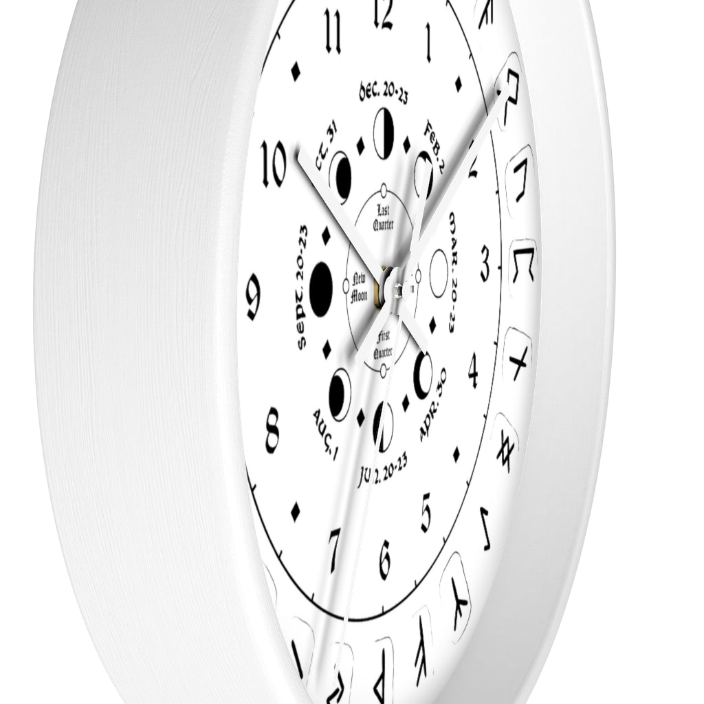Wall clock - Pagan, Rune and moon cycle clock. witchcraft. White version.