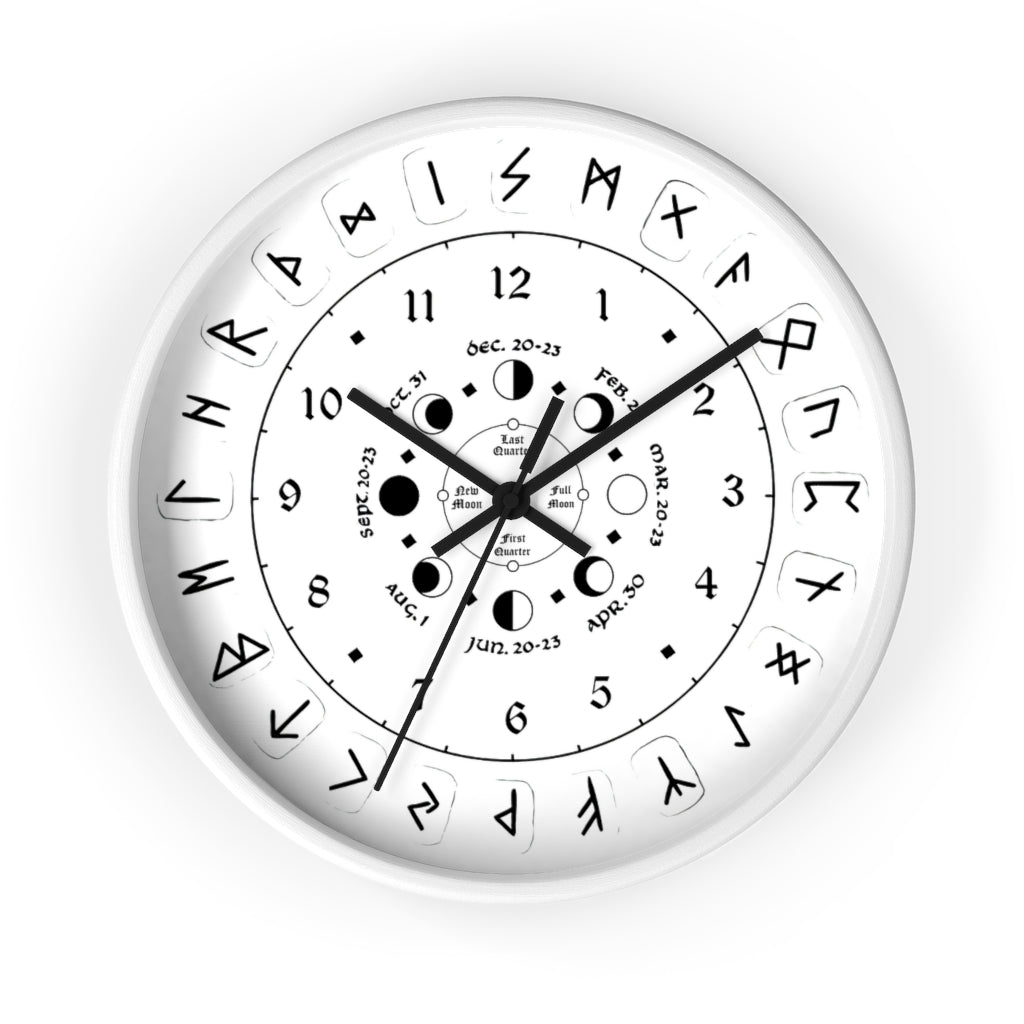 Wall clock - Pagan, Rune and moon cycle clock. witchcraft. White version.