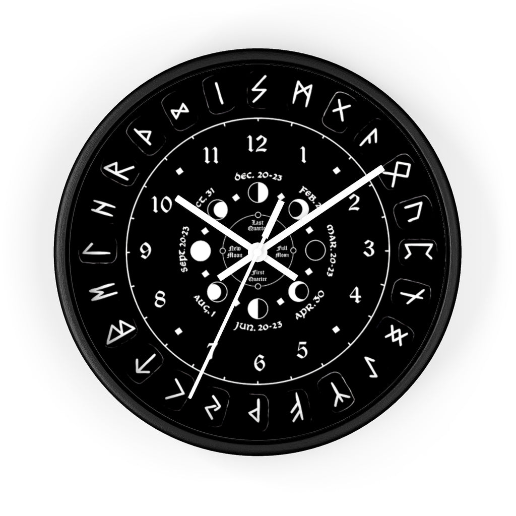 Wall clock - Pagan, Rune and moon cycle clock. witchcraft. Black version.