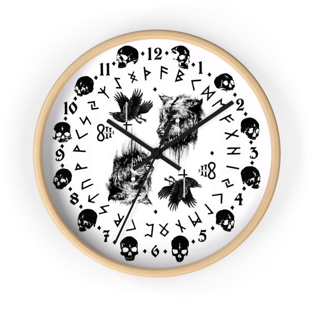 Fenrir son of Loki. Odin's ravens Munin and Hugin -  Wall clock - Pagan, Rune and skull clock. Witchcraft and Viking style. White version.